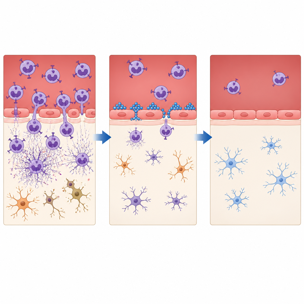 Figure 2. Las nanopartículas bloquean células inmunitarias dañinas para impedir que entren al cerebro, protegiendo vasos permeables tras el tratamiento del coágulo.