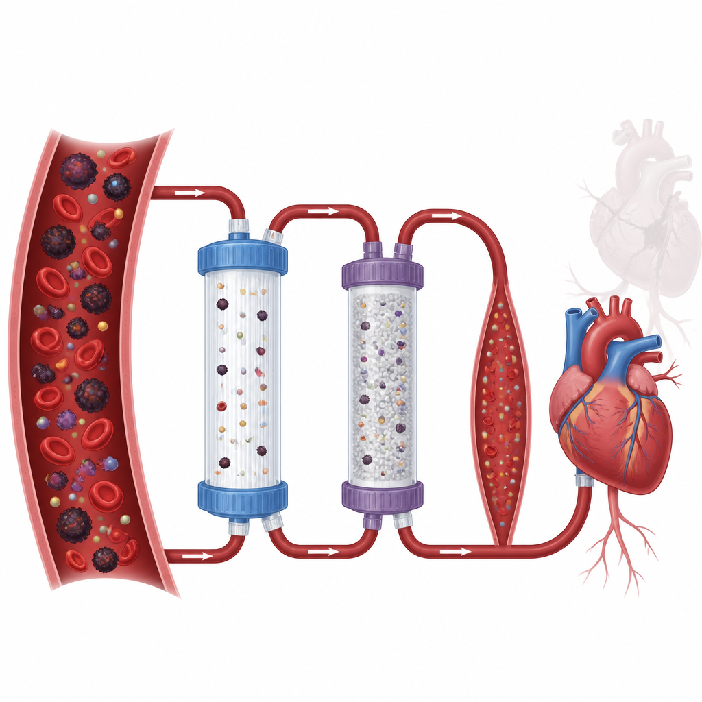 Figure 2. Additional cartridge in the blood circuit strips stubborn toxins, leading to cleaner blood and a healthier heart.