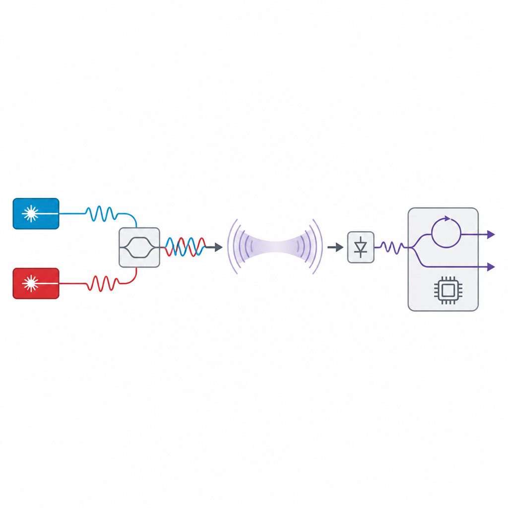 Figure 2. Sinyal oynaklıklarının birbirini iptal etmesi ve temiz verinin ortaya çıkması için birlikte çalışan lazerler ve tek bir detektör.