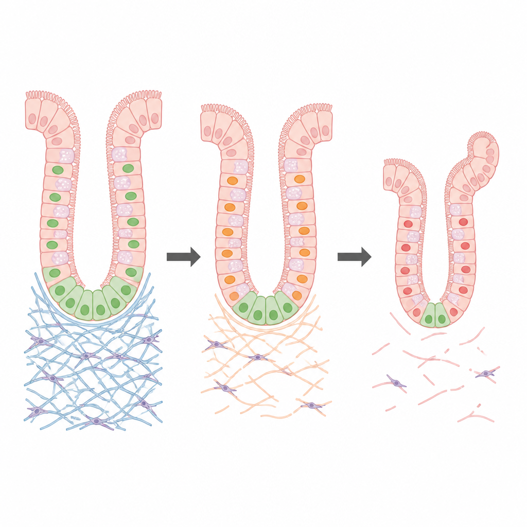 Figure 2. Stepwise loss of a support mesh around intestinal stem cells that weakens their growth and undermines colon repair