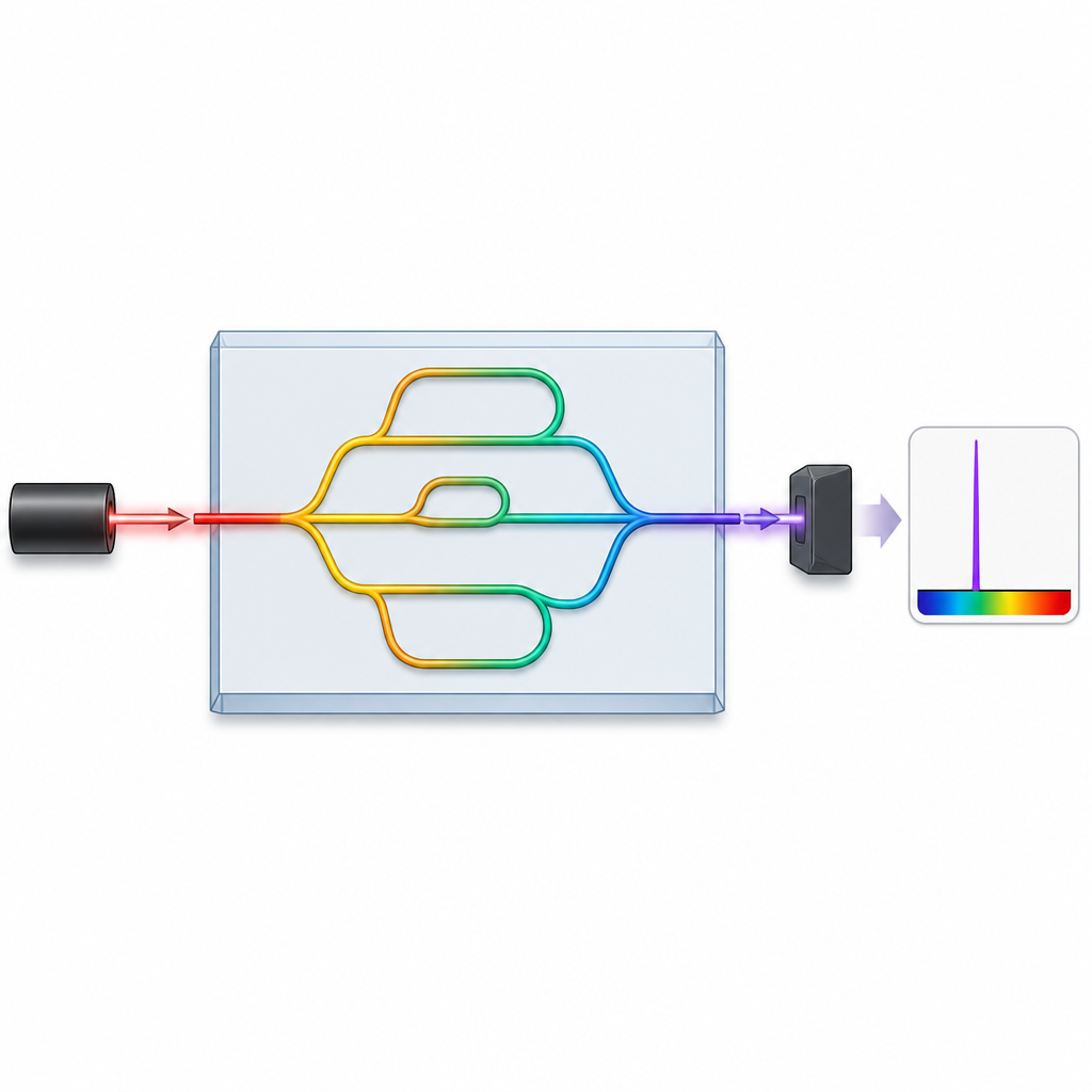 Figure 1. Un diminuto chip fotónico mide el color de un láser con precisión extrema usando solo una trayectoria de luz de entrada a salida.