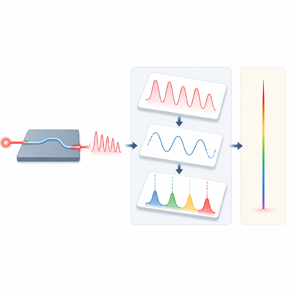 Figure 2. Proceso paso a paso en el que las ondulaciones de intensidad revelan la fase oculta y múltiples retardos combinados permiten localizar con precisión la longitud de onda del láser.