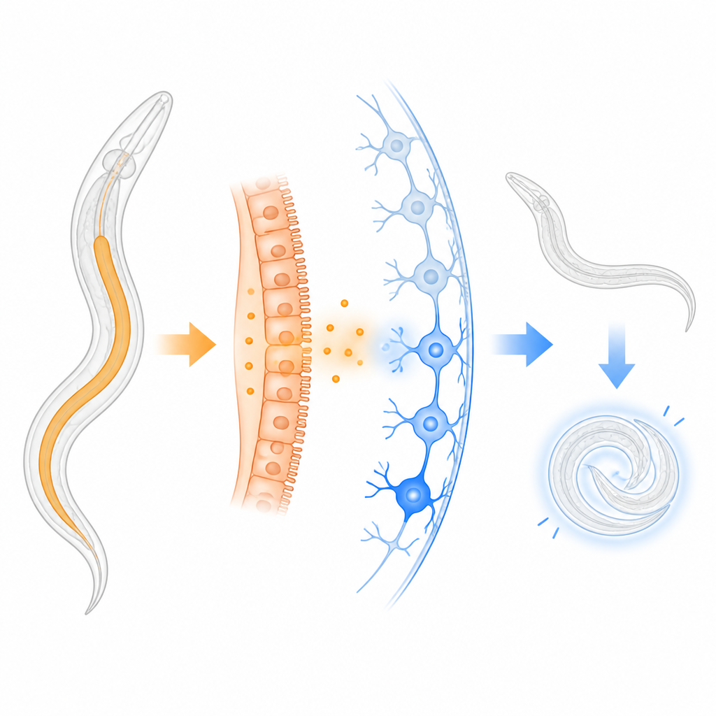 Figure 1. I protoni intestinali comunicano con i nervi vicini per aiutare un piccolo verme a percepire un’infezione e modificare il proprio comportamento.