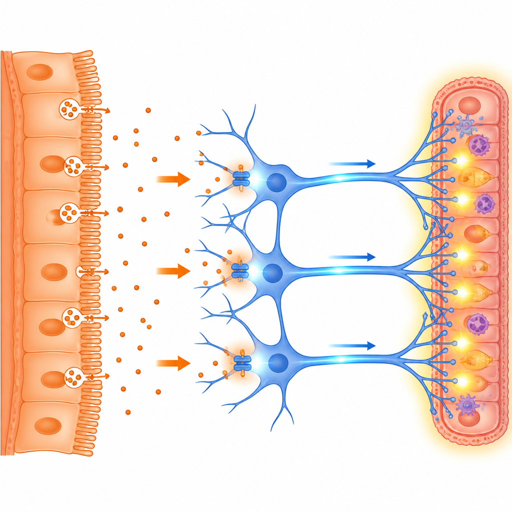 Figure 2. L’infezione induce le cellule intestinali a rilasciare protoni che attivano i neuroni circostanti e rafforzano le difese intestinali.
