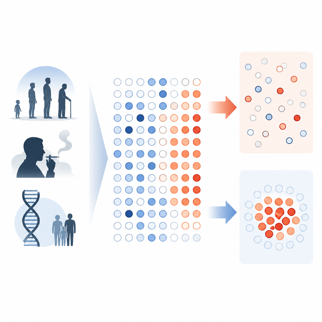 Figure 1. Różne czynniki przekształcają znaczniki metylowe DNA, a nowe spojrzenie ujawnia wyraźniejsze wzory związane z rakiem.