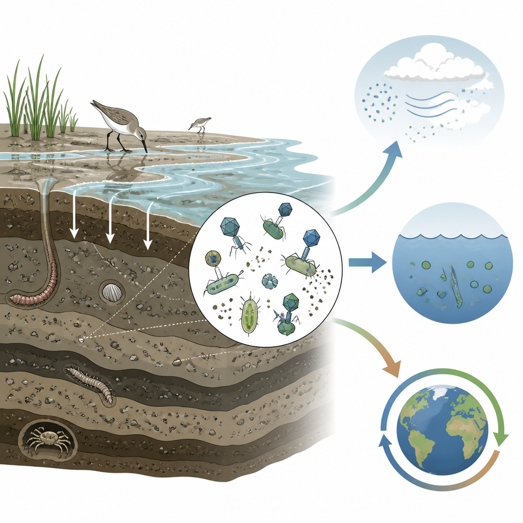 Figure 1. 沿岸の泥に潜む大型ウイルスは、陸と海のあいだで局所的な生物と栄養循環のあり方を静かに形作っている。