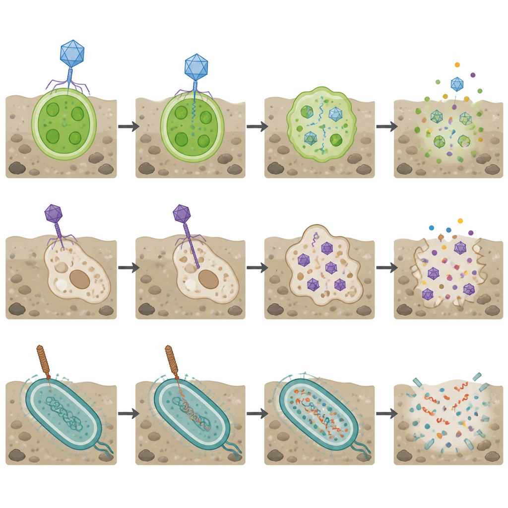 Figure 2. 干潟微生物に感染する大型ウイルスが段階的にエネルギーや栄養の処理を変えていく様子を描く。