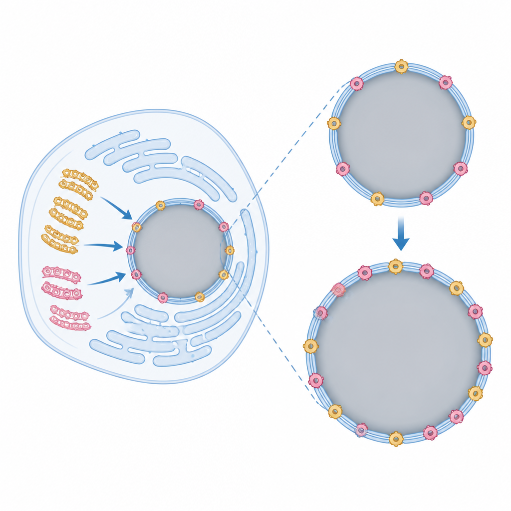 Figure 1. Las células usan pilas de membrana como un almacén móvil de poros nucleares prefabricados para expandir y potenciar el núcleo.