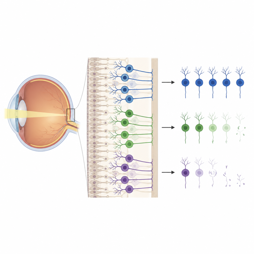 Figure 1. Diferentes tipos de células nerviosas del ojo gestionan la energía de manera distinta, lo que determina en parte su capacidad para sobrevivir al daño.