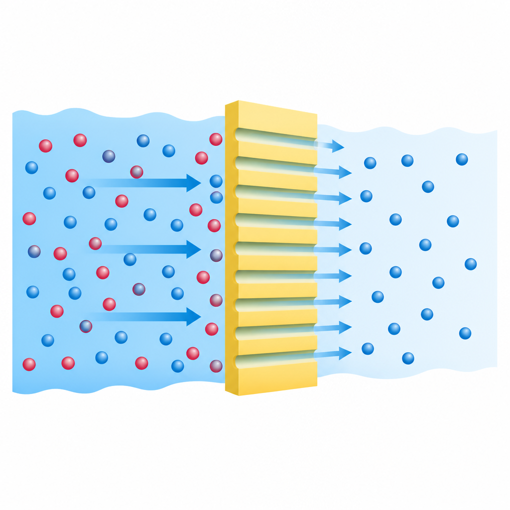 Figure 1. Iones mezclados en agua atraviesan una membrana delgada e inteligente que dirige el fluoruro por un lado y deja el cloruro atrás.