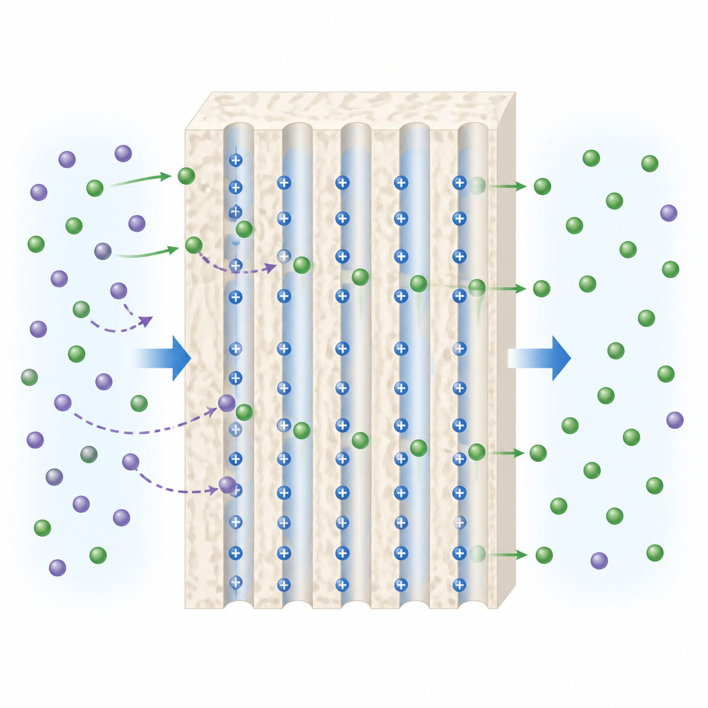 Figure 2. Acercamiento a nano-canales ordenados donde el fluoruro interactúa con más fuerza con las paredes cargadas y fluye con mayor facilidad que el cloruro.