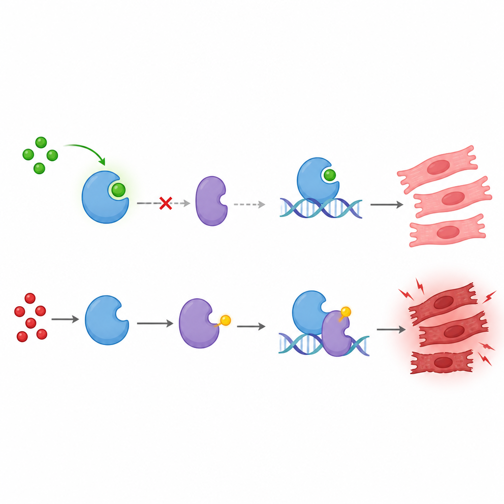 Figure 2. Kalp hücrelerinde tek bir protein modifikasyonunun engellenmesinin hücre ölümüne yol açan zinciri nasıl bozduğu