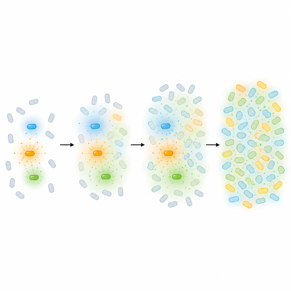 Figure 1. Alcune cellule batteriche agiscono come forti emittenti di segnali che innescano una risposta coordinata nell’intera comunità.