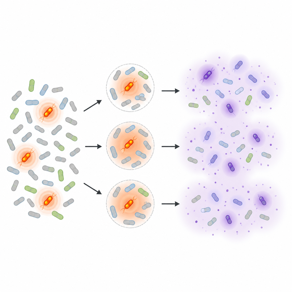 Figure 2. All’interno di una folla batterica, alcune cellule producono segnali intensi mentre altre condividono il lavoro di produzione di beni comuni a livelli più bassi.