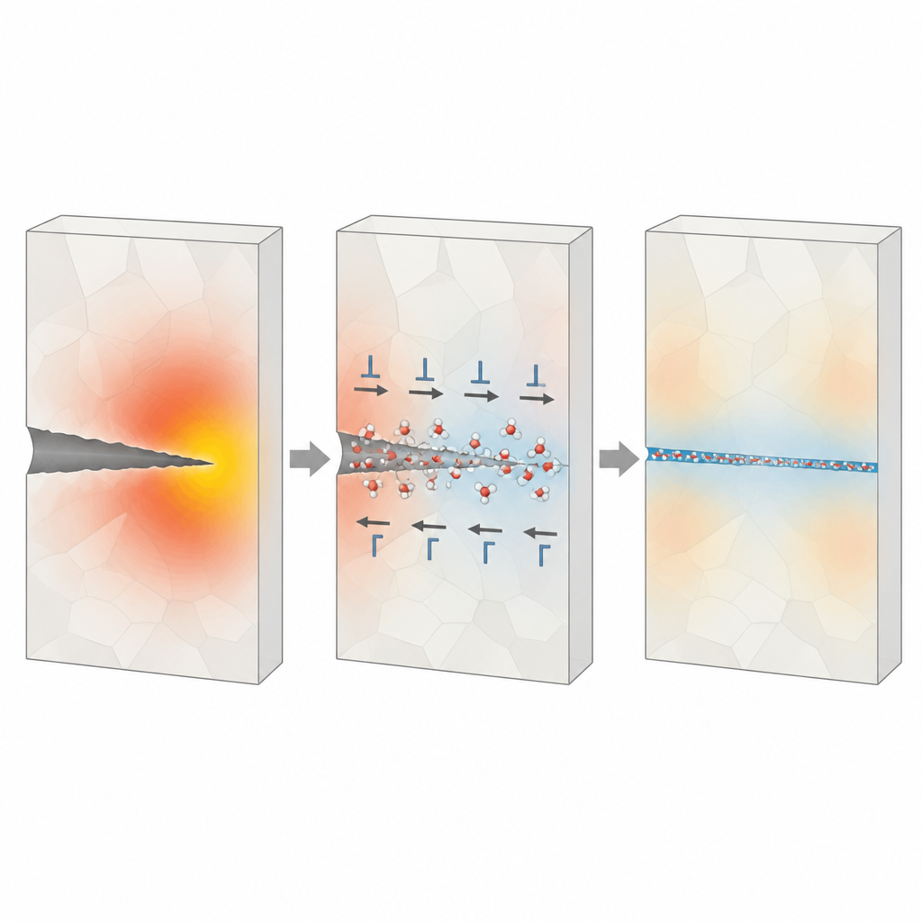 Figure 2. Visione passo dopo passo di tensioni, difetti del cristallo e acqua che lavorano insieme per sigillare una crepa nel calcite.