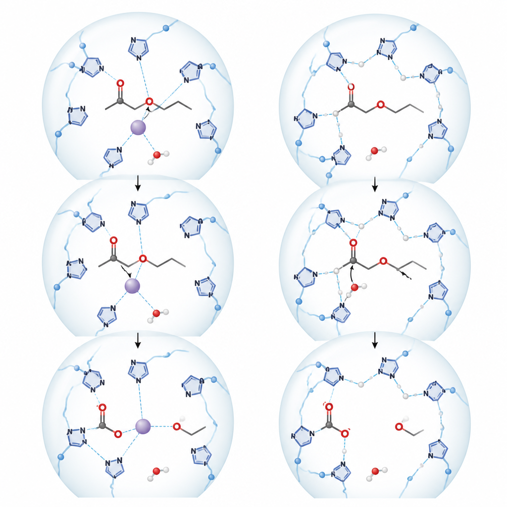 Figure 2. Bir peptid damlacığı içinde metal iyonları veya eşleşmiş yan zincirler, suyu yönlendirerek bir esteri daha küçük ürünlere böler.
