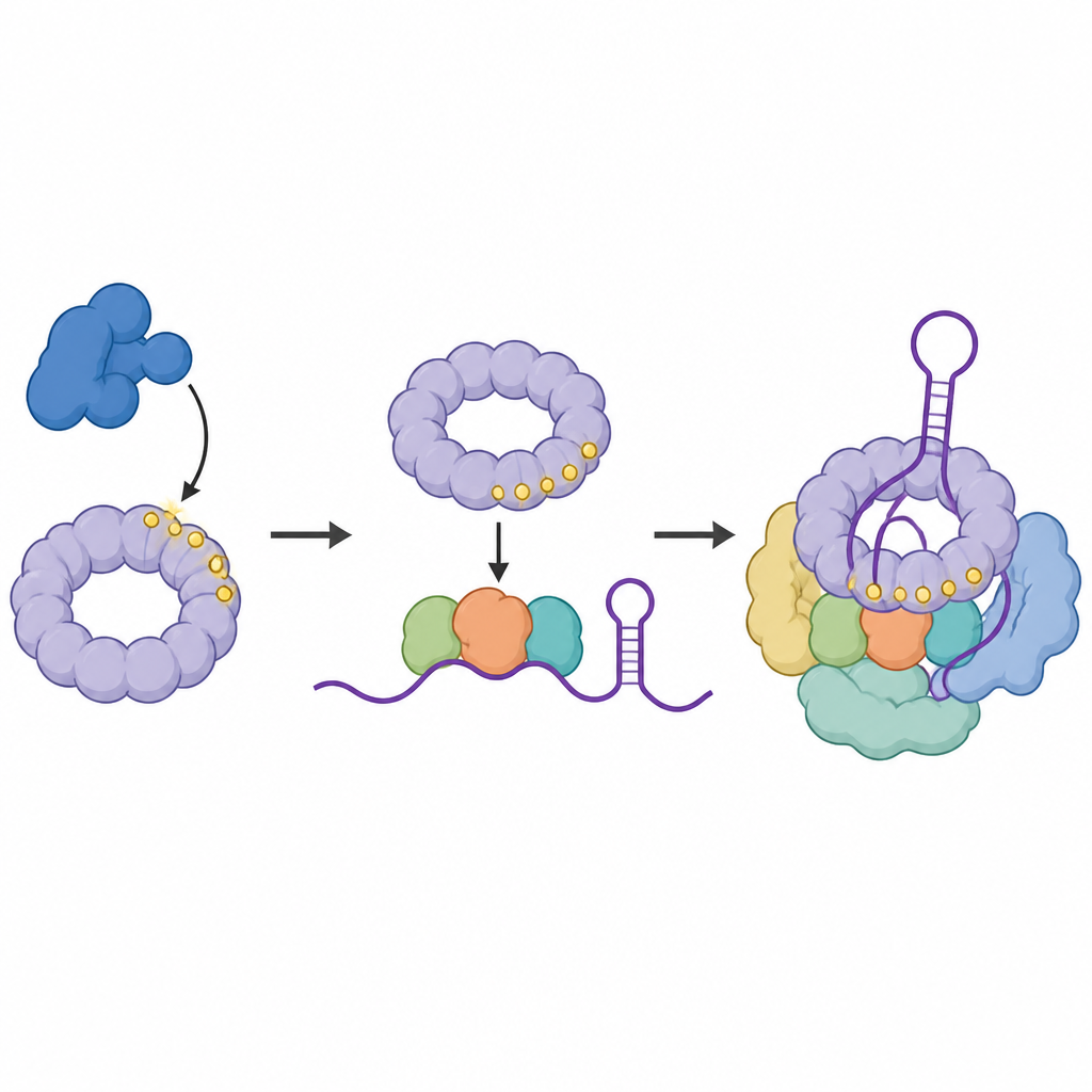Figure 2. İşaretlenmiş bir protein ile onun okuyucusunun RNA üzerinde nasıl bir araya gelerek kesme-join makinesini aktif forma geçirdikleri