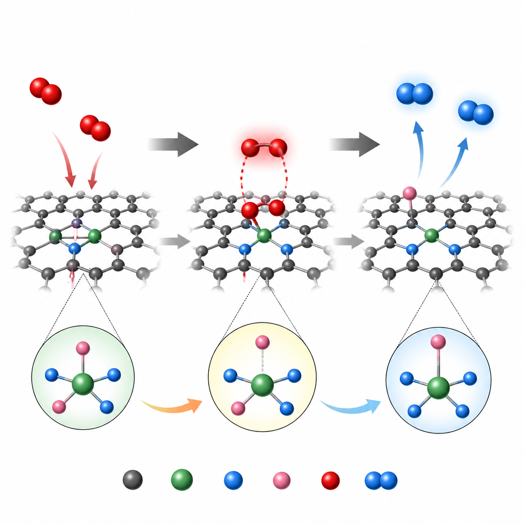 Figure 2. Oksijeni etkin şekilde hidrojen peroksite yönlendirmek için çevresindeki atomları yeniden düzenleyen akıllı bir nikel yüzeyine yakın çekim.