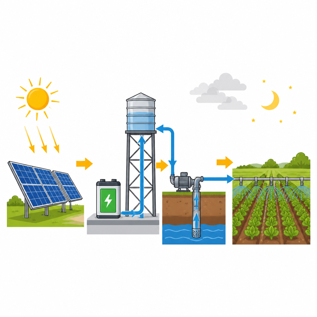Figure 2. Come pannelli solari, batterie e serbatoi d’acqua collaborano per mantenere l’irrigazione funzionante con basse emissioni