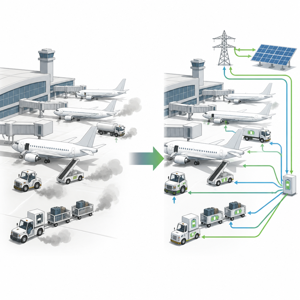 Figure 1. How switching airport service vehicles from fuel to electricity changes pollution and power demand at U.S. airports.