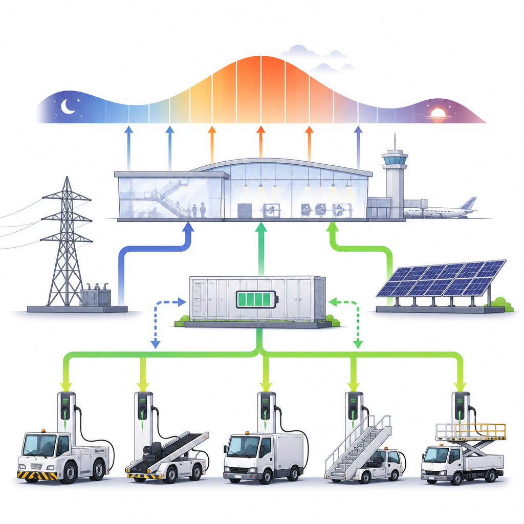 Figure 2. How smart charging, solar panels, and batteries work together to power electric airport service vehicles while cutting peak demand.