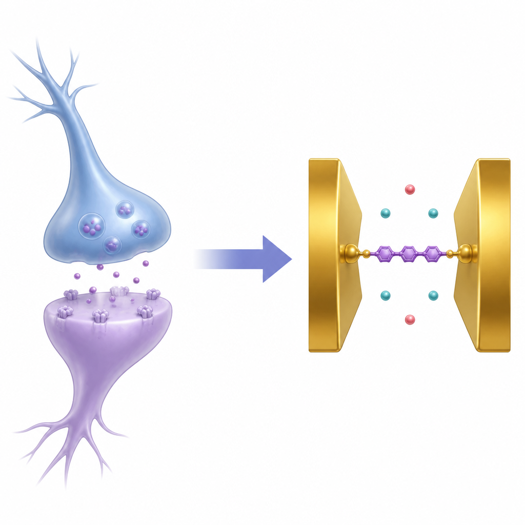 Figure 1. Vergleich einer biologischen Synapse mit einer ein-Molekül-elektronischen Synapse, die ähnliches Lernen ausführt und dabei nur winzige Energiemengen verbraucht.