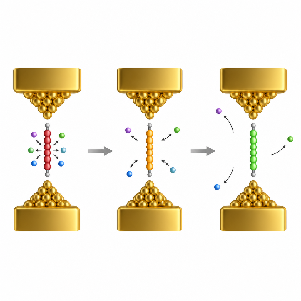 Figure 2. Ionen, die sich um ein einzelnes Molekül bewegen und es zwischen niedrigen und hohen Leitfähigkeitszuständen verschieben, zeigen, wie das Bauelement unterschiedliche Speicherstufen speichert.