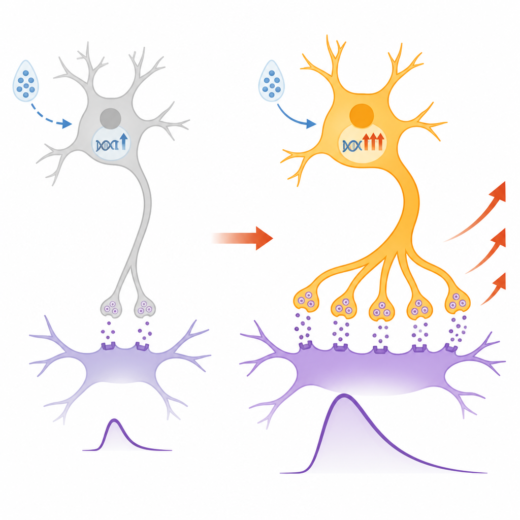 Figure 2. كيف يجعل جزيء يفعّله هرمون التوتر وصلة واحدة من اللوزة إلى الحُصين تطلق إشارات أقوى.