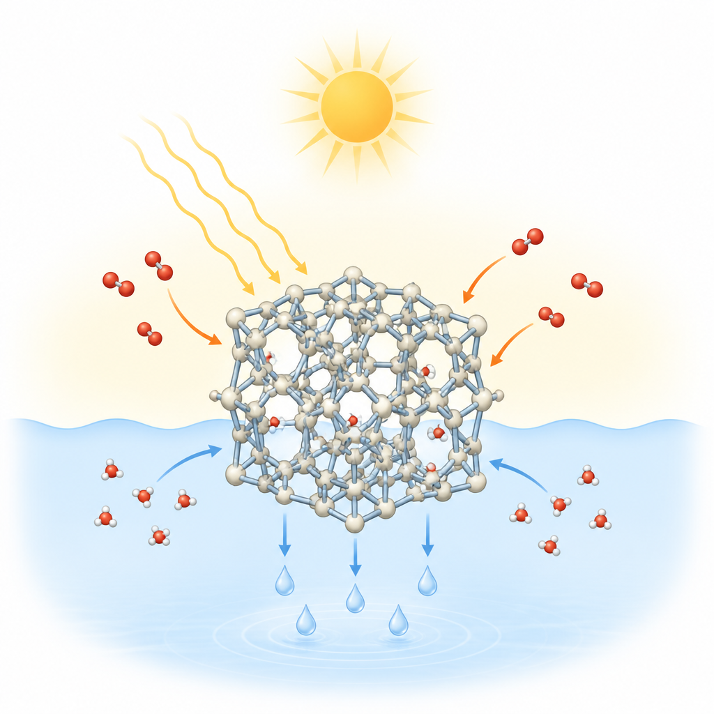 Figure 1. Poröser dreidimensionaler Molekulschwamm nutzt Sonnenlicht, Wasser und Luft, um Wasserstoffperoxid sauberer herzustellen.