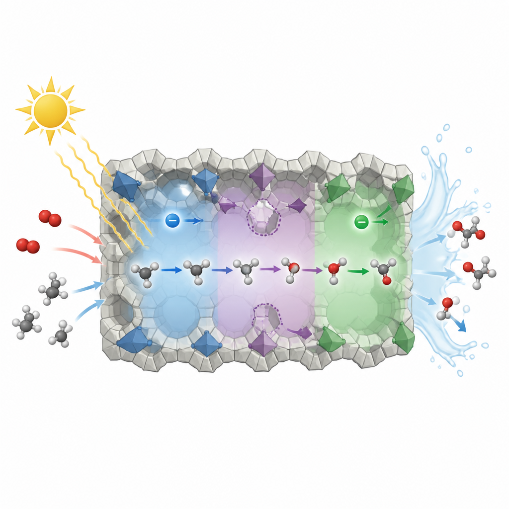 Figure 2. Innerhalb eines maßgeschneiderten Porennetzwerks treibt Licht Sauerstoff und organische Substrate schrittweise zu Wasserstoffperoxid und gekoppelten Produkten.