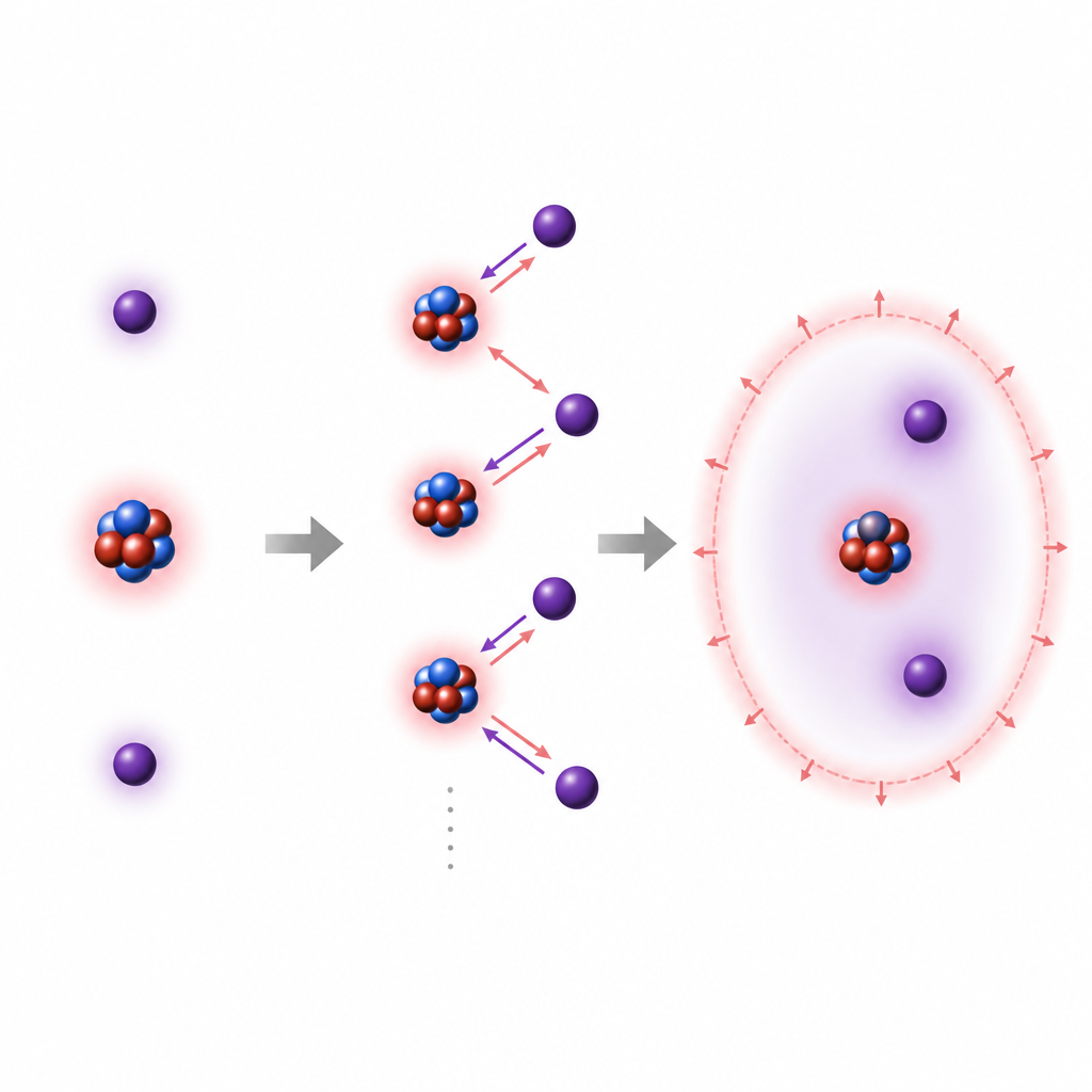Figure 2. Wie ein Heliumkern und zwei Neutronen wechselwirken, um einen kurzlebigen Halo zu formen, der von einer subtilen Drei-Körper-Abstoßungsbarriere geprägt ist