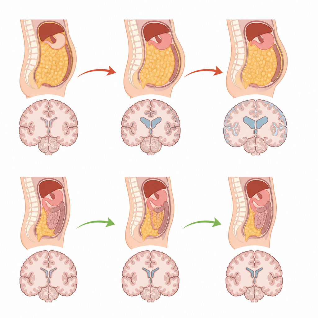 Figure 2. Yüksek ile düşük gizli karın yağı yollarını karşılaştırarak zaman içinde daha hızlı veya daha yavaş beyin küçülmesini gösterme.