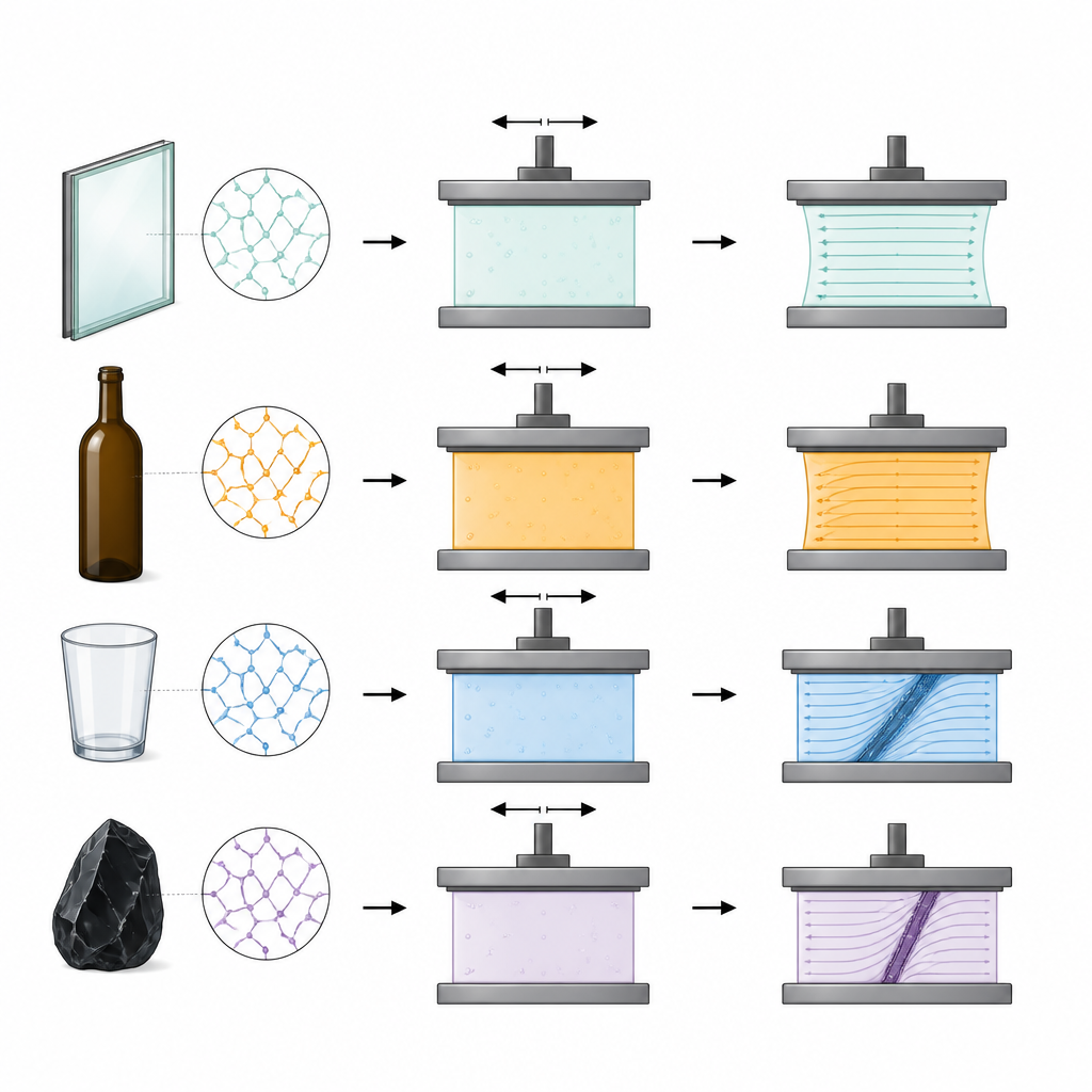 Figure 1. Come diversi materiali vetrosi rispondono quando vengono ripetutamente sollecitati avanti e indietro prima di arrivare infine allo snervamento.