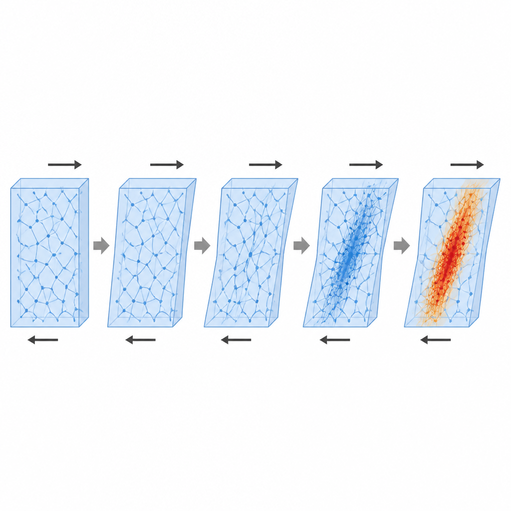 Figure 2. Come un solido vetroso sviluppa una stretta banda di scorrimento al crescere del taglio ciclico, segnando una transizione di snervamento fragile.