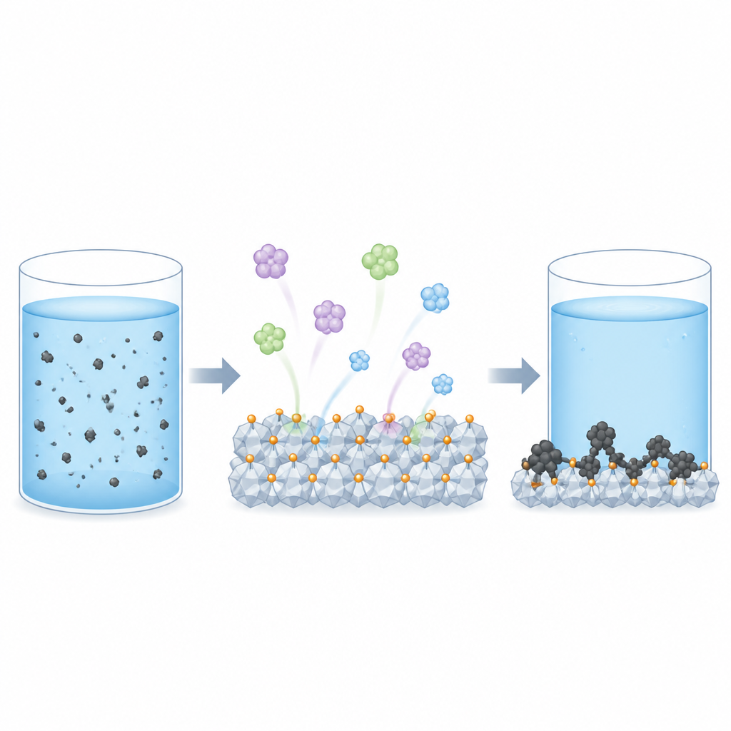 Figure 1. Pojedynczy atom żelaza na nanodiamentach współpracuje z kwasem peroctowym, przekształcając toksyczne zanieczyszczenia wodne w bezpieczniejsze, wychwycone ciała stałe.