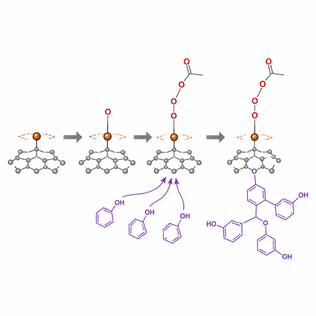 Figure 2. Tlen osiowy na pojedynczym atomie żelaza kieruje kwasem peroctowym, który zabiera elektrony z fenoli i zablokowuje je w polimerach związanych z powierzchnią.