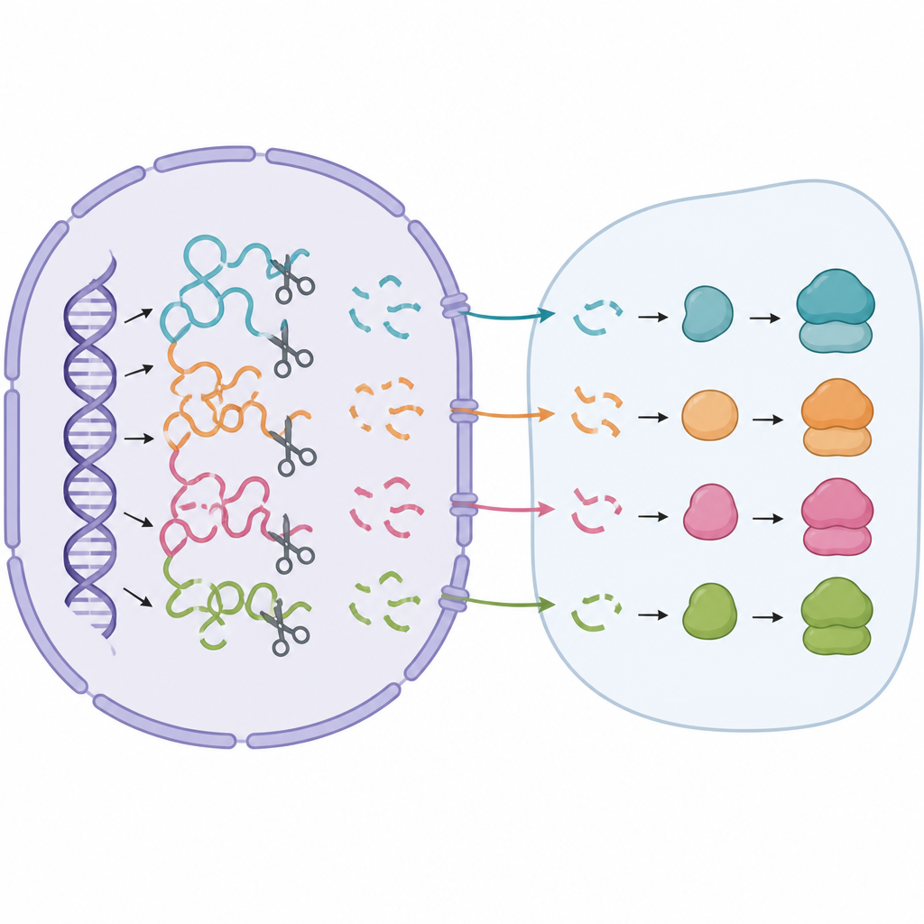 Figure 1. Come le cellule trasformano lunghe catene di RNA grezzo in pezzi ordinati di ribosoma dentro e fuori dal nucleo