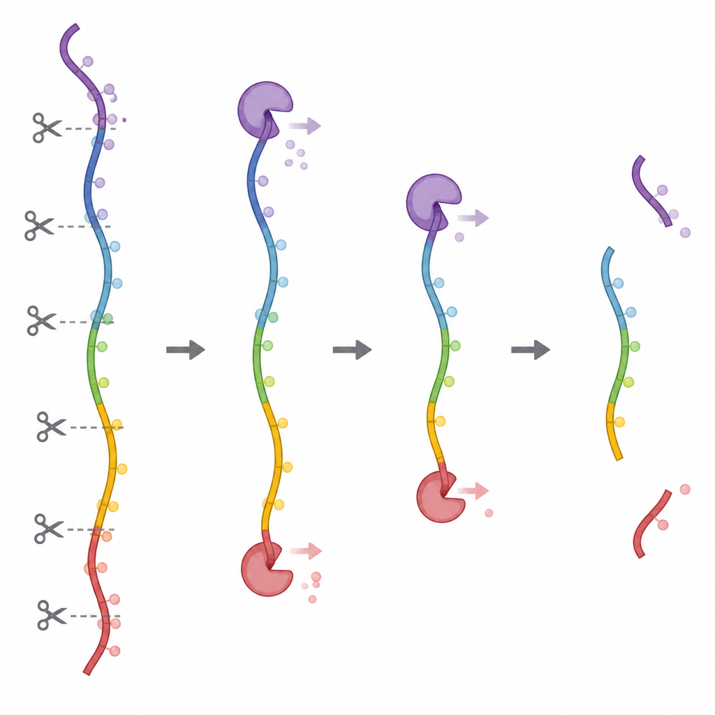 Figure 2. Taglio e rifinitura passo dopo passo di una singola catena di RNA, con marchi chimici aggiunti o mancanti su diversi frammenti