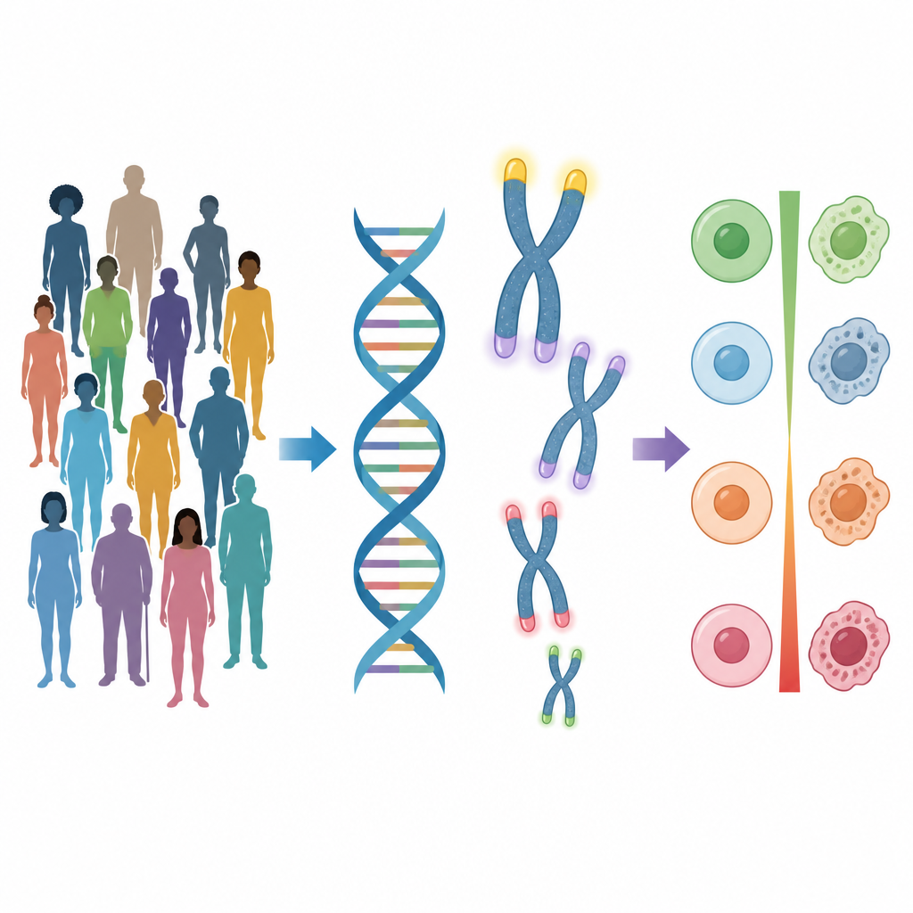 Figure 1. Wiele osób, ich końce chromosomów i jak osłonki telomerowe odnoszą się do starzenia i zdrowia