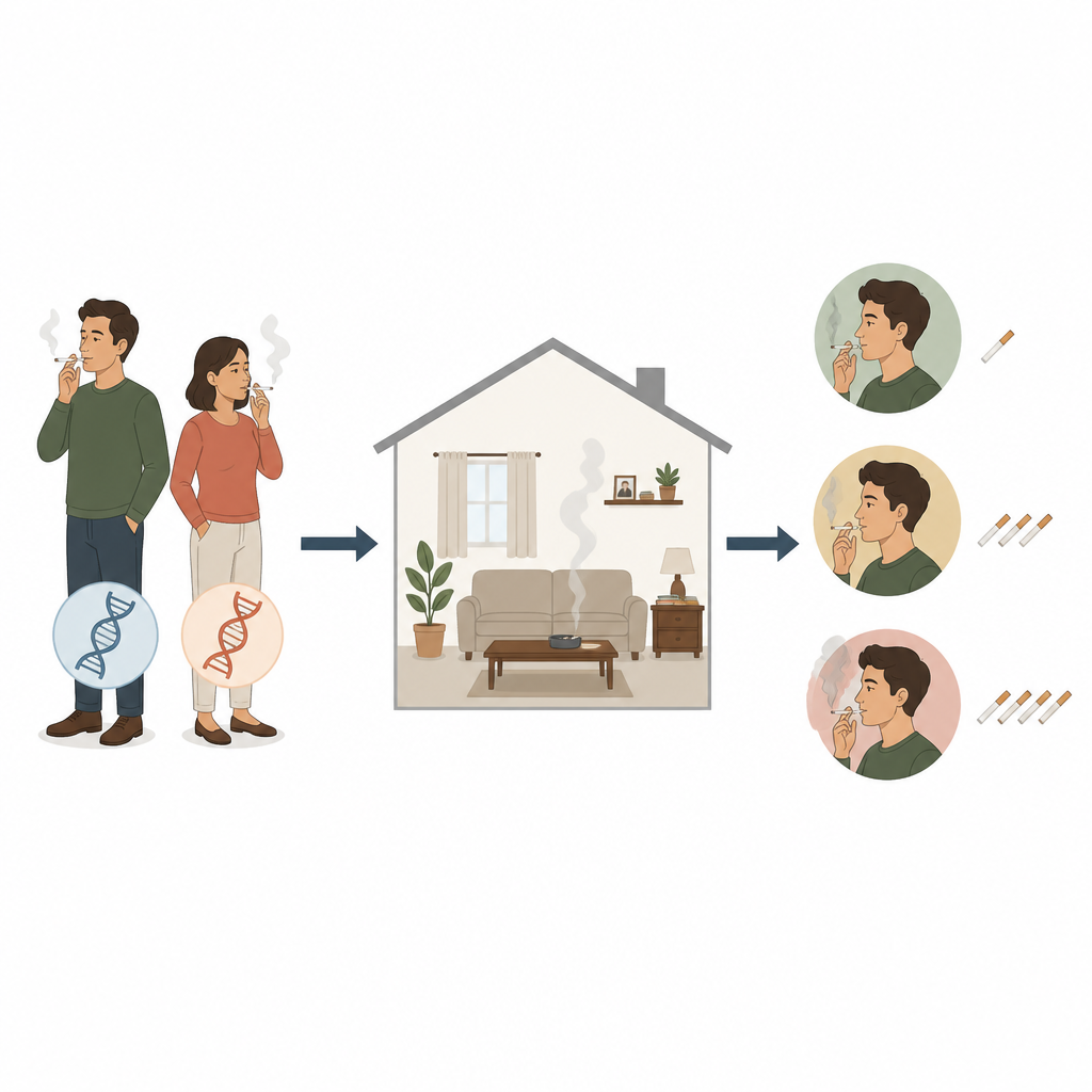 Figure 1. 親の喫煙に関連する遺伝的傾向が家庭環境を形成し、子どもが成人してからどれほど喫煙するかに影響する仕組み