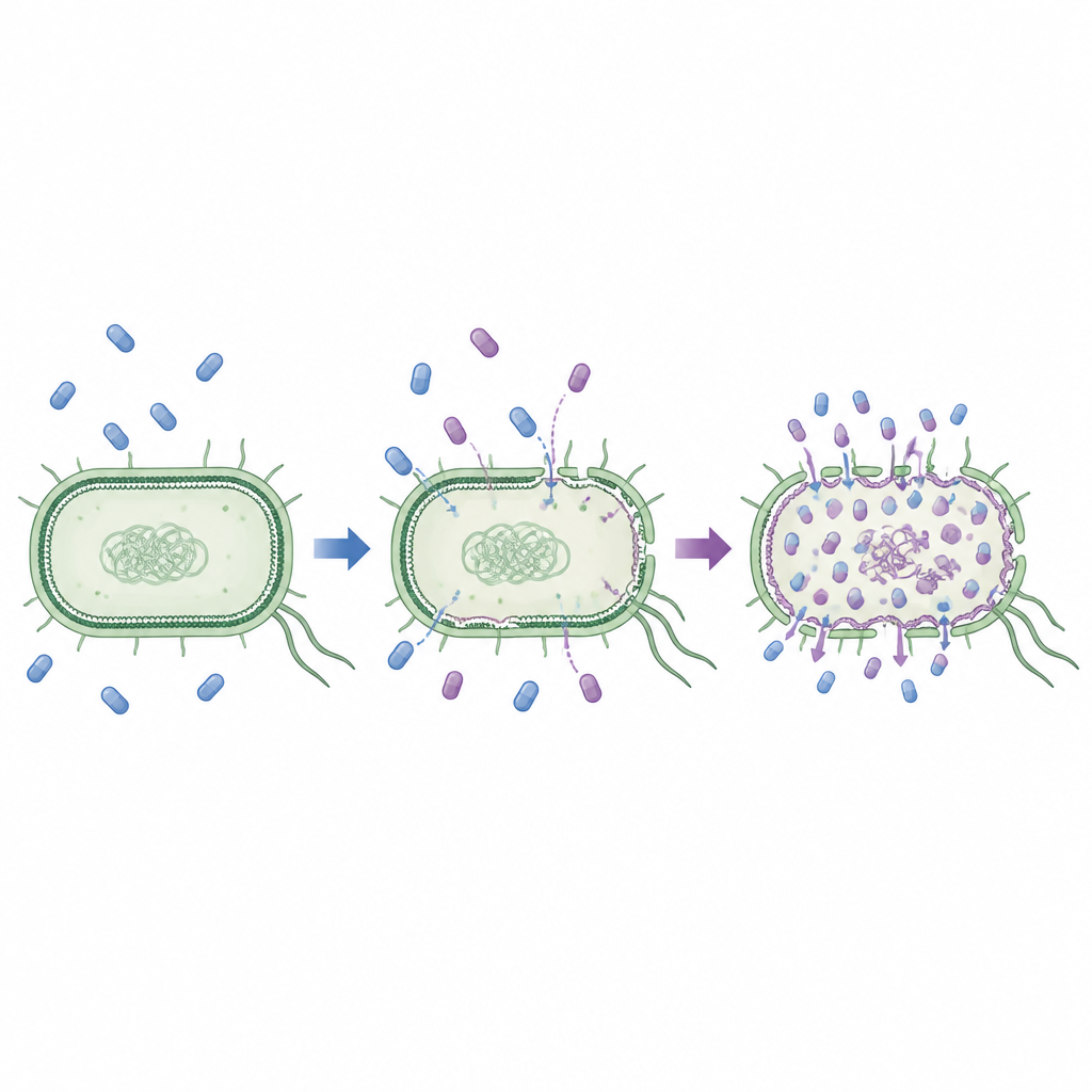Figure 2. Bakteriyel bir kabuğa erken verilen hasarın, daha sonra verilen antibiyotiğin hücreye daha fazla girmesini ve hücreyi öldürmesini nasıl sağladığı