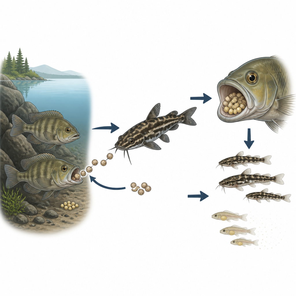 Figure 1. Cómo un pequeño bagre africano introduce sigilosamente sus huevos en las bocas de otros peces y les hace criar a sus crías