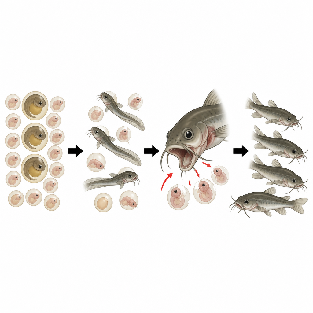 Figure 2. Cómo embriones de bagre de rápido crecimiento con mandíbulas fuertes superan y consumen a sus hermanos de crianza dentro de la boca del hospedador
