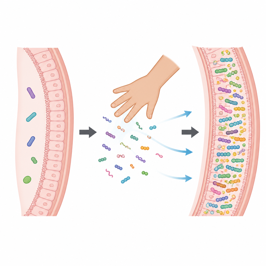 Figure 2. Comment les microbes issus des premiers contacts pénètrent dans l’intestin du bébé et le font passer d’un état perturbé à un état équilibré
