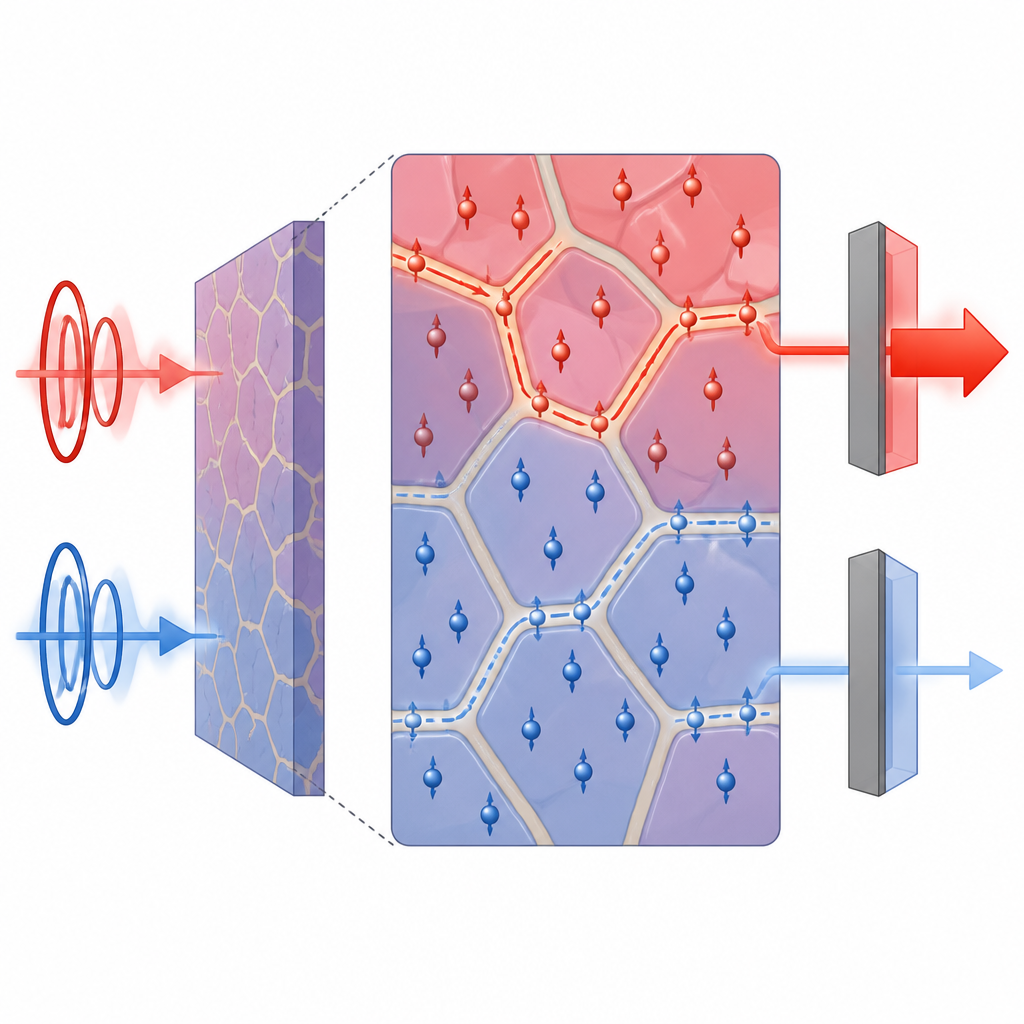 Figure 2. Come un film di perovskite chirale convoglia gli spin attraverso i bordi di grano per trasformare la luce avvitata in segnali elettrici distinti.