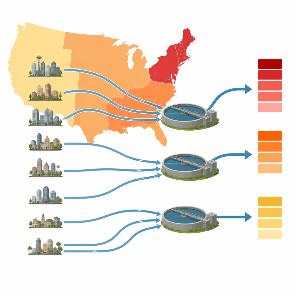 Figure 1. Las aguas residuales de ciudades de todo Estados Unidos revelan dónde la resistencia a los antibióticos es más fuerte en la vida comunitaria cotidiana.