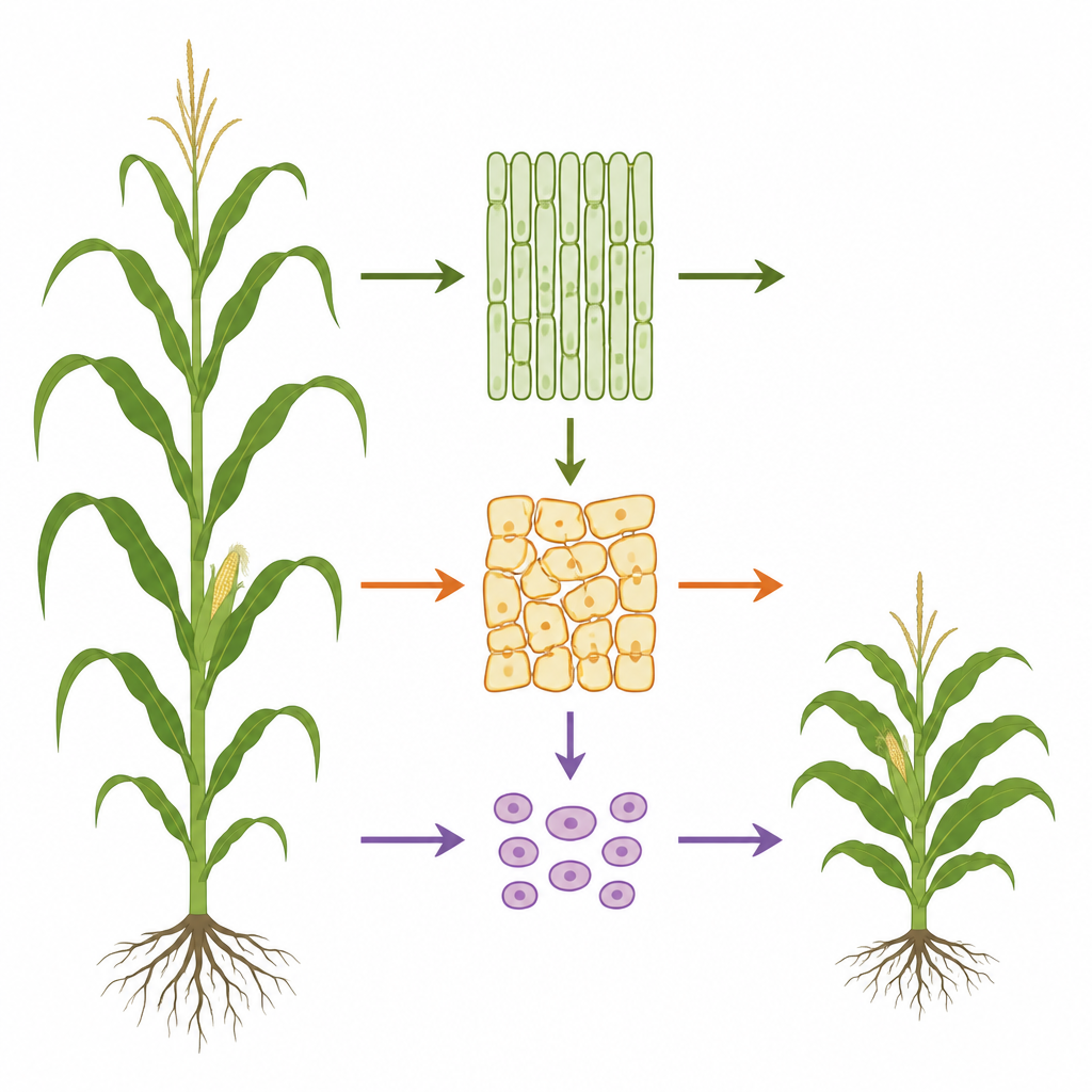 Figure 1. Wie winzige zelluläre Scheren Maispflanzen von hoch und fruchtbar zu klein und spärlich formen.