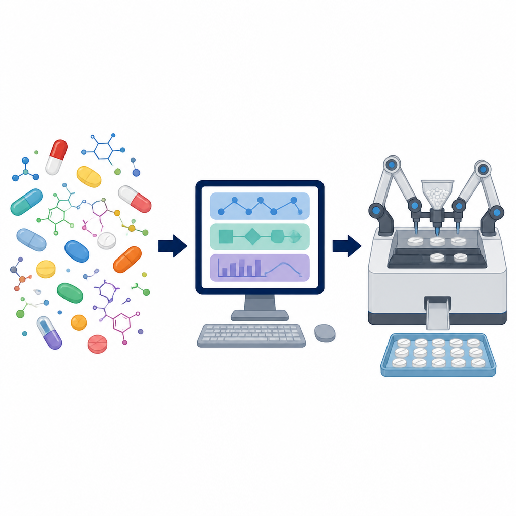 Figure 1. Come un pianificatore digitale e una linea robotica per compresse accelerano la trasformazione di nuove polveri farmaceutiche in compresse.