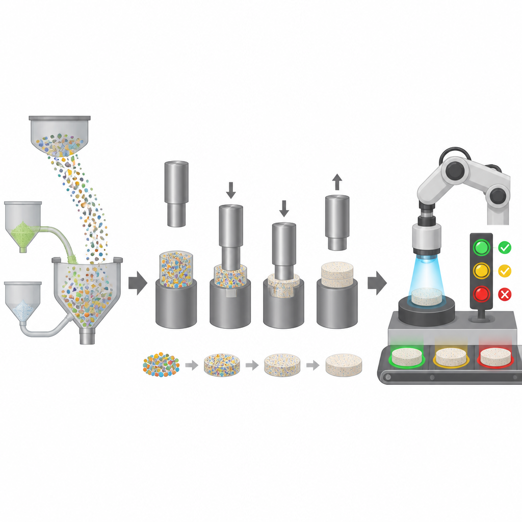 Figure 2. Come miscele di polveri farmaceutiche vengono compresse e testate automaticamente per trovare le impostazioni di compressione che soddisfano gli obiettivi di qualità.