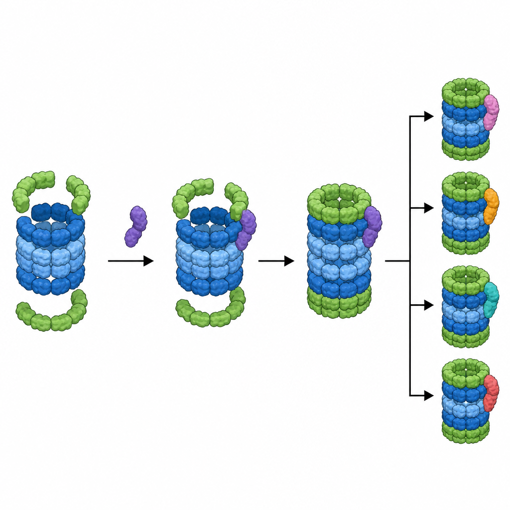 Figure 2. Hilfsproteine docken an einen Protein‑Recycling‑Ring an, sodass sowohl natürliche als auch designte Versionen die Maschine zusammensetzen können.